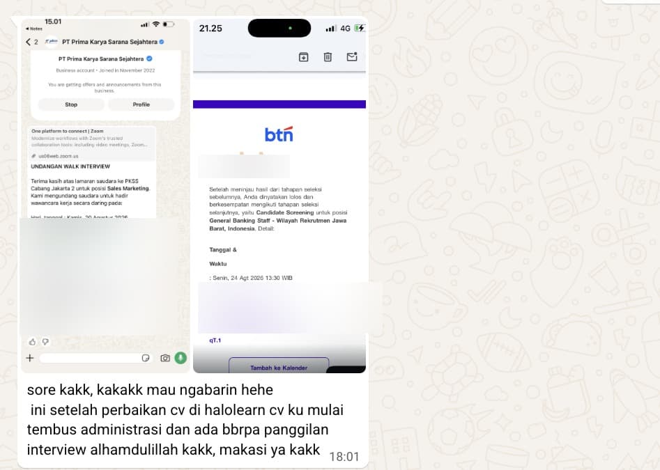 Screenshot testimoni klien A.