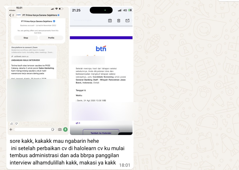Testimoni klien Halolearn, Dari sepi panggilan jadi 4 panggilan interview.